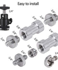 Camera Screw Adapter Kit 19 Pcs Quarter Inch And Three Eighth Inch Converter Set with male and female threaded screws displayed.