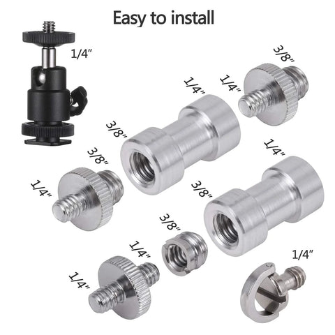 Camera Screw Adapter Kit 19 Pcs Quarter Inch And Three Eighth Inch Converter Set with male and female threaded screws displayed.