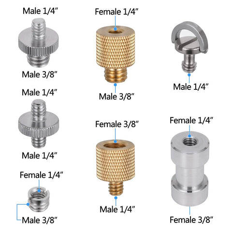 Camera Screw Adapter Kit 19 Pcs Quarter Inch And Three Eighth Inch Converter Set with threaded metal adapters shown