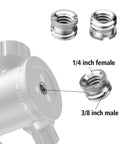 Diagram showing 1/4 inch female to 3/8 inch male adapter from Twenty Two Piece Camera Screw Adapters Kit With Reducer Bushings And Various One Quarter Inch To Three Eighths Inch Connections Including One Quarter Inch To Three Eighths Screws One Quarter Inch To One Quarter Inch Screws And Hot Shoe Mounts For Tripods.