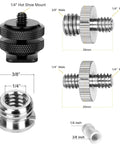 Various screws and hot shoe mount from the Twenty Two Piece Camera Screw Adapters Kit With Reducer Bushings And Various One Quarter Inch To Three Eighths Inch Connections Including One Quarter Inch To Three Eighths Screws One Quarter Inch To One Quarter Inch Screws And Hot Shoe Mounts For Tripods, showcasing different sizes and threads.