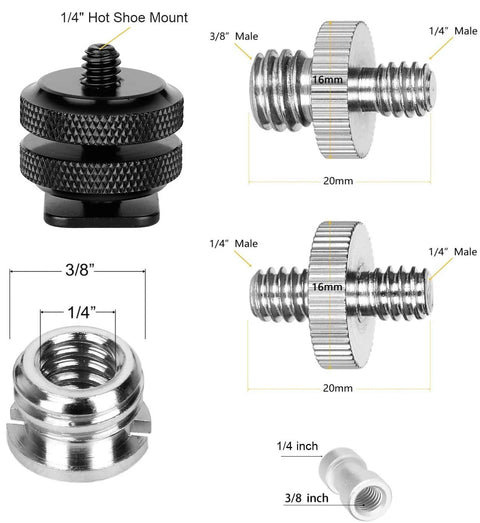 Various screws and hot shoe mount from the Twenty Two Piece Camera Screw Adapters Kit With Reducer Bushings And Various One Quarter Inch To Three Eighths Inch Connections Including One Quarter Inch To Three Eighths Screws One Quarter Inch To One Quarter Inch Screws And Hot Shoe Mounts For Tripods, showcasing different sizes and threads.