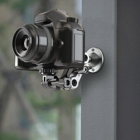 Universal Wall Mount Bracket With Adjustable Metal Arm For Action Cameras And Smartphones attached with camera on wall