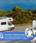 Three-pack keyed-alike cabinet cam locks in 5/8 inch next to RV, featuring zinc alloy and keys, for cabinets and storage.