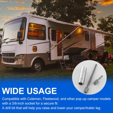 RV with Camper Crank Handle Kit with Three Eighths Socket Drill compatible with Coleman Fleetwood pop up trailers on display