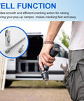 Man holding drill with Camper Crank Handle Kit With Three Eighths Socket Drill Bit For Pop Up Trailers beside van