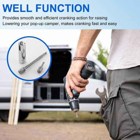 Man holding drill with Camper Crank Handle Kit With Three Eighths Socket Drill Bit For Pop Up Trailers beside van