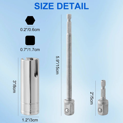 Size details of Camper Crank Handle Kit With Three Eighths Socket Drill Bit for Pop Up Trailers, showing dimensions and adapters.