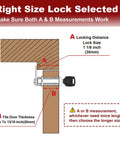 Camper Door Lock And One And One Eighth Inch Cam Lock Set diagram showing lock size 1 1/8 inch and thickness fitting up to 13/16 inch.
