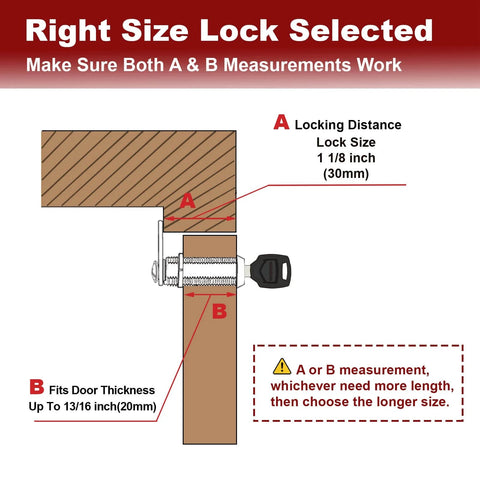 Camper Door Lock And One And One Eighth Inch Cam Lock Set diagram showing lock size 1 1/8 inch and thickness fitting up to 13/16 inch.