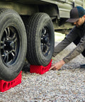 Camper Leveler Block With Rubber Mat For RVs And Trailers, Precise Leveling From One Half Inch To Four Inches, installed under tires.