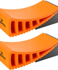 Camper Leveler 2 Pack Kit With Curved RV Levelers And Wheel Chocks For Tight Dual Axle Trailers Faster RV Leveling Than Old School Blocks Essential RV Accessories For Travel Trailers Carmtek shown in orange with anti-slip design