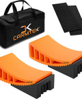 Pro Grade Camper Leveler Kit With Curved RV Levelers Wheel Chocks Rubber Mats And Carry Bag For Tight Dual Axle Trailers