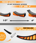 Diagram showing Camper Leveler 2 Pack Kit With Curved RV Levelers And Trailer Wheel Chocks For Dual Axle Trailers, precise leveling.