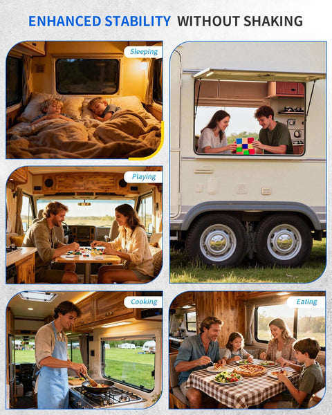 Collage of a camper interior showing people sleeping, playing, cooking, and eating, with tandem tires visible for stability.