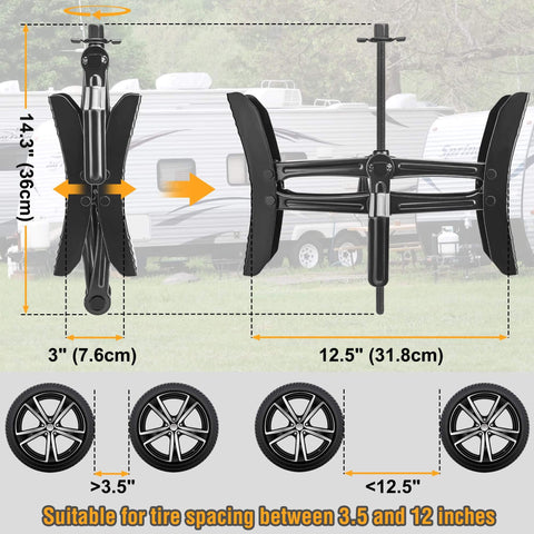 Camper Wheel Chock Stabilizers, 2 Sets For RV And Travel Trailer, Heavy Duty X Shaped Anti Move Tire Chocks, dimensions illustration