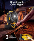 Cordless Jobsite Camping Fan Compatible With DeWalt 20V Max Battery LED Lights Adjustable Speed 1300 To 2200 RPM outdoors at night