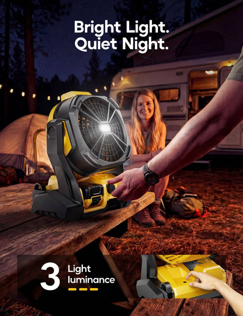 Cordless Jobsite Camping Fan Compatible With DeWalt 20V Max Battery LED Lights Adjustable Speed 1300 To 2200 RPM outdoors at night