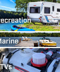Recreational scenes with camper, kayak by lake; a dock with boat; ATV equipment with Chapin International 6-9206 pump.
