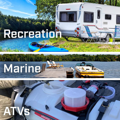 Recreational scenes with camper, kayak by lake; a dock with boat; ATV equipment with Chapin International 6-9206 pump.