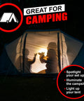 Silhouettes playing in a lit tent at night, highlighting camping suitability, text says 'Great for Camping' and feature list.