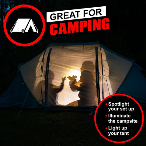 Silhouettes playing in a lit tent at night, highlighting camping suitability, text says 'Great for Camping' and feature list.