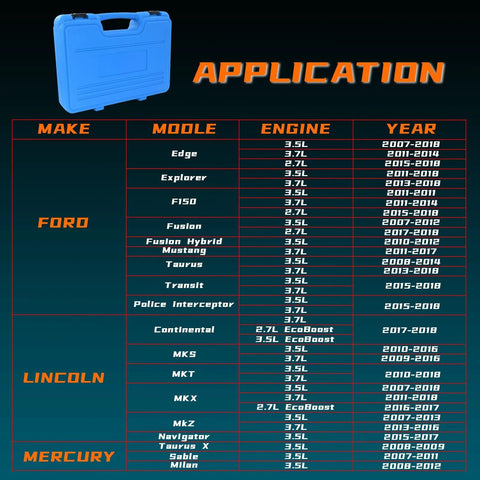 Camshaft Holding Tool Kit with Tension Tool Compatible with Ford 3.5L & 3.7L, application chart and blue tool case