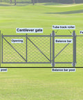 Cantilever gate with labeled parts including tube track roller, balance bar, and latch post with a 2 Pack 5 Inch Sliding Gate Rollers Galvanized Steel Pipe Track Gate Hardware Kit for One And Five Eighths Inch Pipe Track Fence.