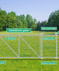 Cantilever gate with fence, tube track roller, balance bar, latch post, and opening in outdoor setting