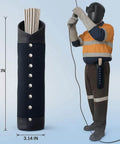 Durable Canvas And Leather Welding Rod Bag For Electrode Storage And Welding Tools shown on worker's belt with size dimensions.