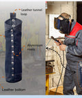 Durable Canvas And Leather Welding Rod Bag For Electrode Storage And Welding Tools with belt loops and rivets shown on worker's hip.