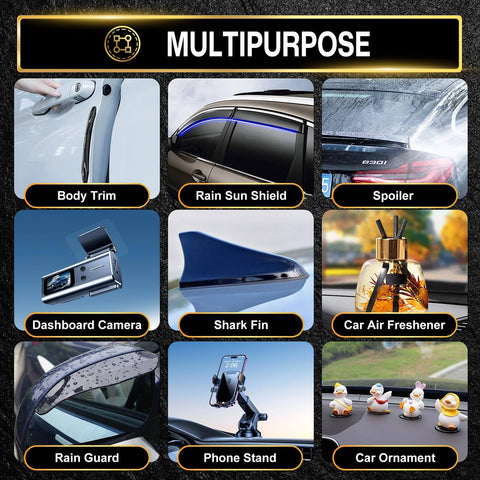 Collage of automotive uses for Heavy Duty Double Sided Tape For Cars Removable Traceless Nano Tape For Rear Spoiler Wing And Rain Guard Side Mirror Rain Guard Dashcam Securing Interior And Exterior Car Accessories 1.18 Inch By 16.4 Feet