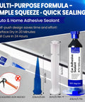 Silicone Adhesive Sealant For Auto And Home Use, showing a 30g bottle with applicator, 100 Percent Waterproof Black Caulk, no caulking gun needed.