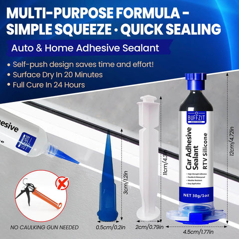 Silicone Adhesive Sealant For Auto And Home Use, showing a 30g bottle with applicator, 100 Percent Waterproof Black Caulk, no caulking gun needed.