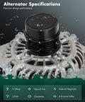 Drop In High Quality Alternator Replacement For Chrysler 200 2011 To 2013 Sebring 2007 To 2010 Avenger 2008 To 2013 Caliber 2007 To 2010 Patriot 2007 To 2016 Compass 2007 To 2016 2.4 L 115 A CW 11231 4801323AC, showing top view with specifications.