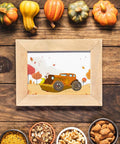 Framed artwork with vintage car illustration surrounded by autumn theme, related to Four Piece Vehicle Cutting Dies Set For Card Making.