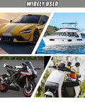 Yellow sports car, white yacht, black and white motorcycle, white motor scooter, showcasing various vehicles labeled 'Widely Used'.