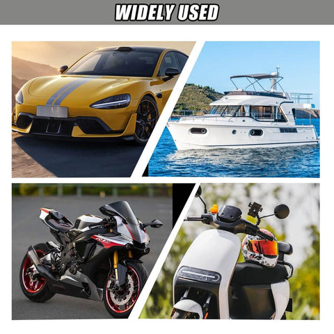 Yellow sports car, white yacht, black and white motorcycle, white motor scooter, showcasing various vehicles labeled 'Widely Used'.