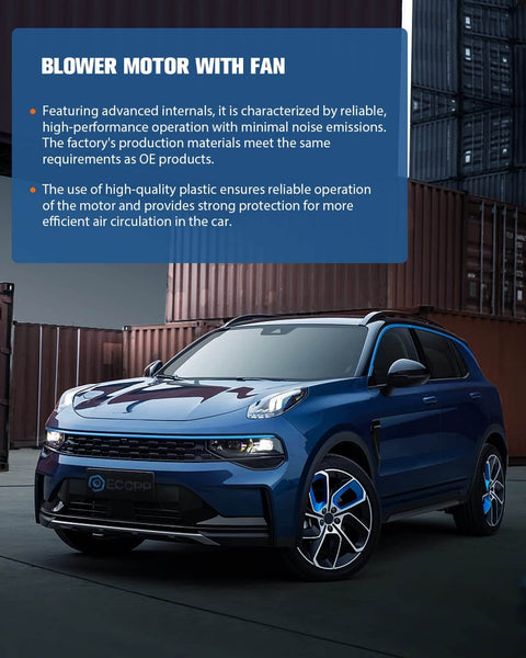 Blue SUV parked in front of shipping containers showcasing blower motor with fan features on text overlay.