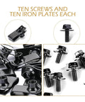 20 Piece Car Body Bolt And U Nut Clamp Kit For Universal Car Fit, showing 10 screws and 10 iron plates in black metal.