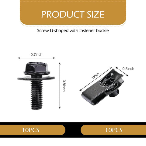 20 Piece Car Body Bolt And U Nut Clamp Kit For Universal Car Fit With Metal Engine Fender Fasteners, size details shown