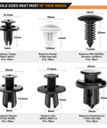 120 Piece Car Bumper Push Retainer Clip Kit With Nylon Fasteners And Rivets 6mm To 10mm Size Range Includes 6mm 7.6mm 8mm 8.8mm 10mm Clips Door Trim Panel Fasteners And One Remover Tool Black; display of six clips with dimensions and vehicle compatibility