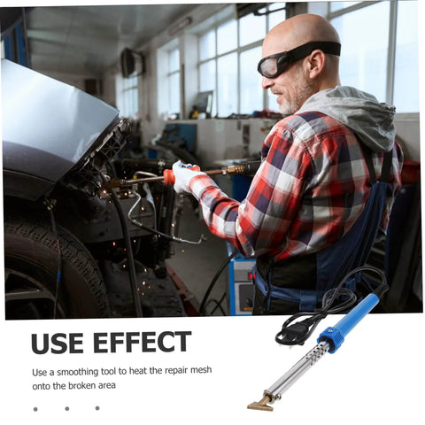 Man using Car Bumper Fix Tool and Automotive Plastic Repair Kit With Pro Grade Welding Pen for auto body repair in garage