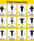 Go-To 240-Piece Car Bumper Retainer Clips Kit With Auto Plastic Rivets And Push Fasteners showing 12 common sizes for cars