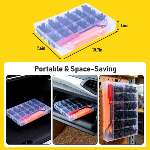 Go-To 240-Piece Car Bumper Retainer Clips Kit with plastic box, featuring auto plastic rivets, push fasteners, and remover tools