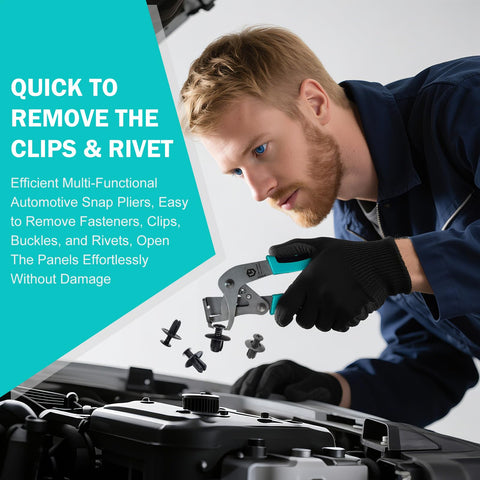 Car Clip Pliers And Disassembly Tool For Interior Panels Pro Grade Multi Function Panel Removal Pliers Removes Plastic Clips Buckles And Rivets Ergonomic PVC Handle For Easy Trim Removal And Interior Repairs being used to remove plastic clips from a car engine compartment.