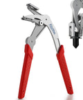 Car Clip Pliers For Auto Fasteners With Built In Spring And Easy Lever held open displaying red handles and stainless steel body