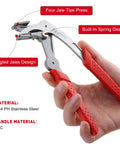 Side view of Car Clip Pliers For Auto Fasteners With Built In Spring And Easy Lever, stainless steel body, red PVC handle