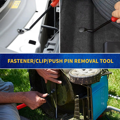 Easy Grip Car Clip Removal Kit 3 Pack Pliers Set for Door Panels Dash Trim Rivets Push Pins Puller Tools Auto Repair Essentials for Removing Fasteners Clips and Rivets Quickly and Safely EldHus Red in use on car panel and lawnmower
