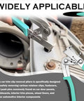 Close-up of No Fuss Car Clip Remover Pliers With Anti Slip Grip removing fasteners from car door panel.